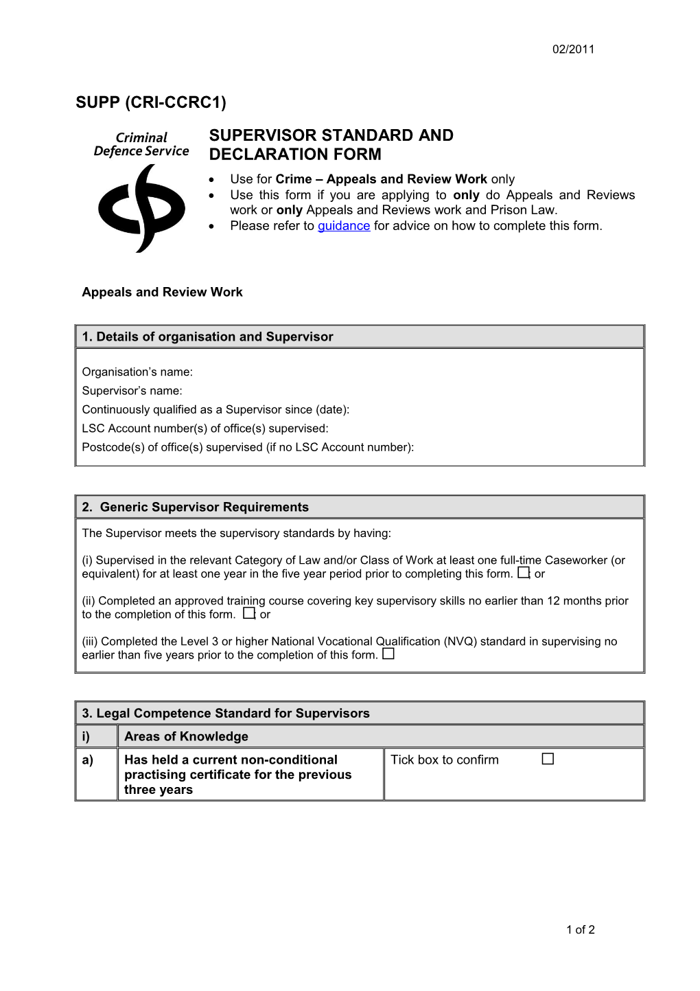 Supervisor Standard and Declaration Form - Crime - Appeals and Review Work