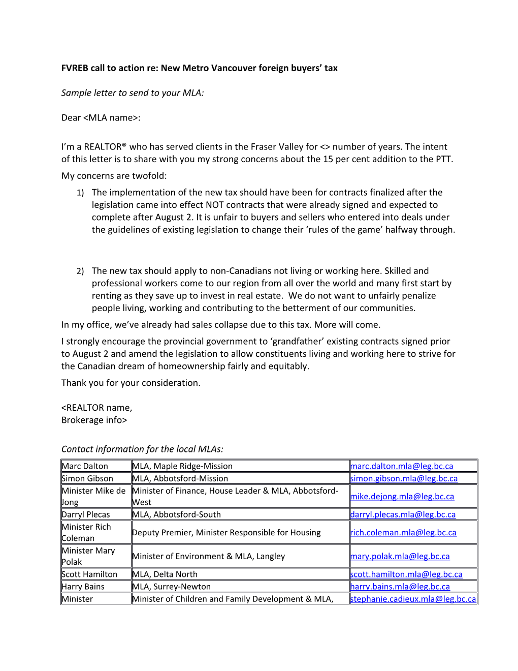 FVREB Call to Action Re: New Metro Vancouver Foreign Buyers Tax