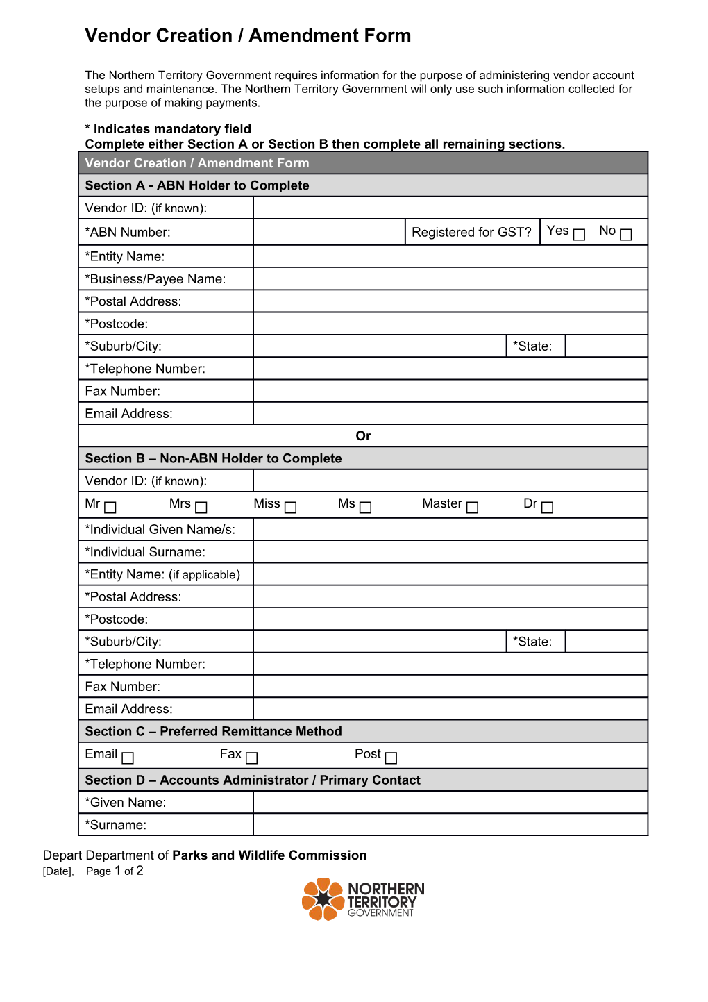 Vendor Creation-Amendment Form