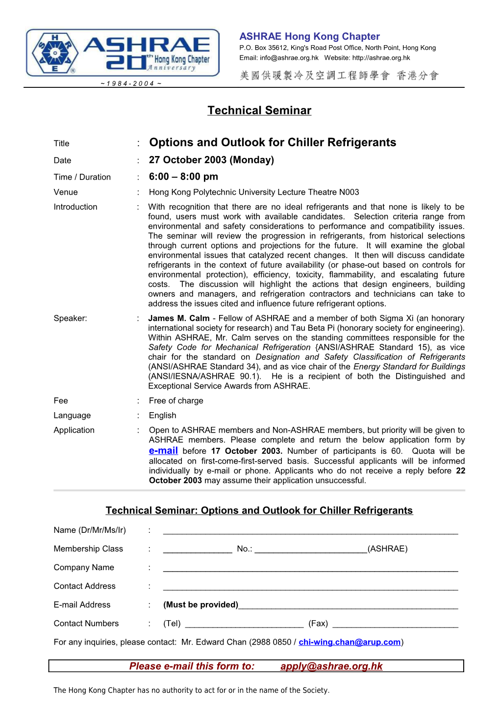 Title : Options and Outlook for Chiller Refrigerants