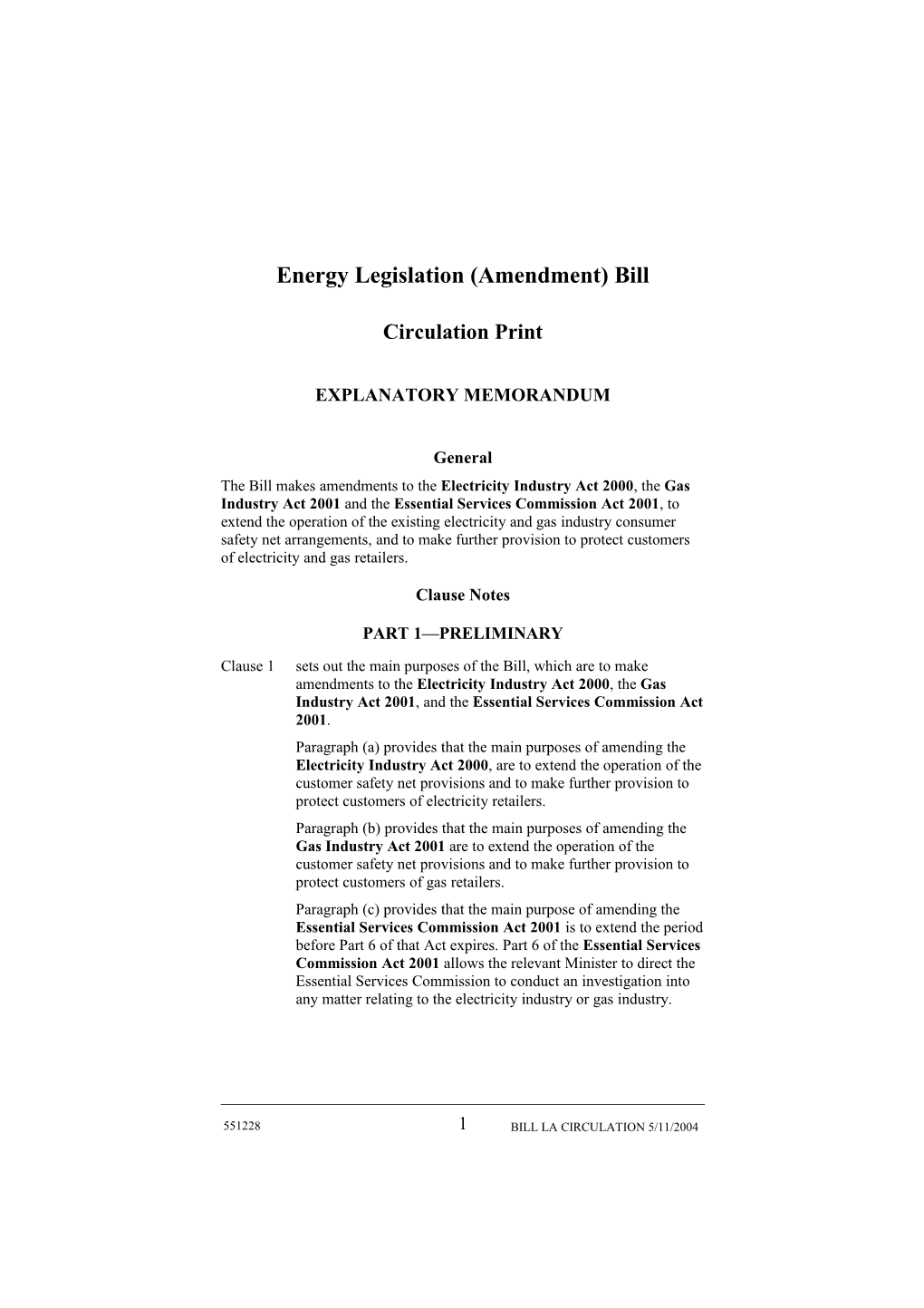 Energy Legislation (Amendment) Bill