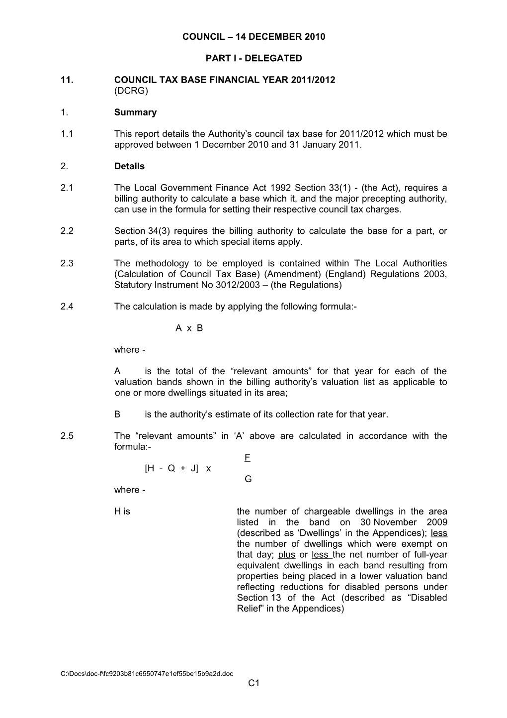 Report: Exec Cttee 01.12.08: Part I - (09) Council Tax Base 09-10