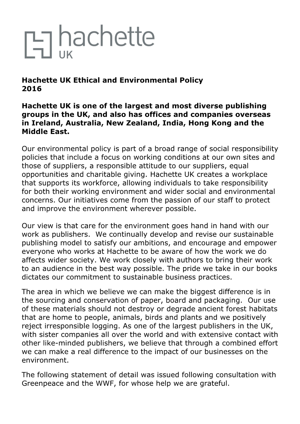 Hachette UK Ethical and Environmental Policy