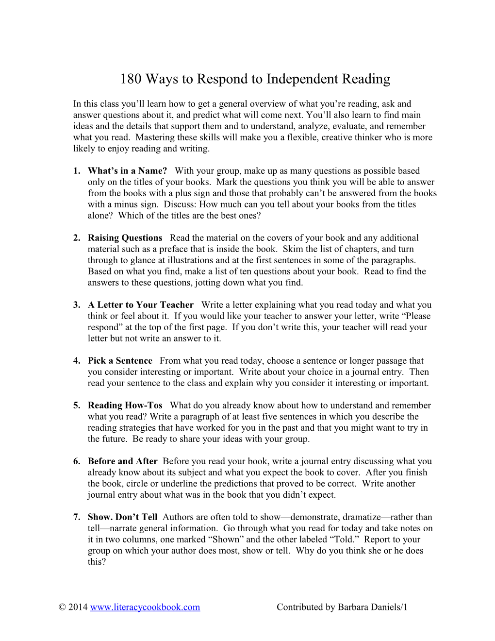 180 Ways to Respond to Independent Reading