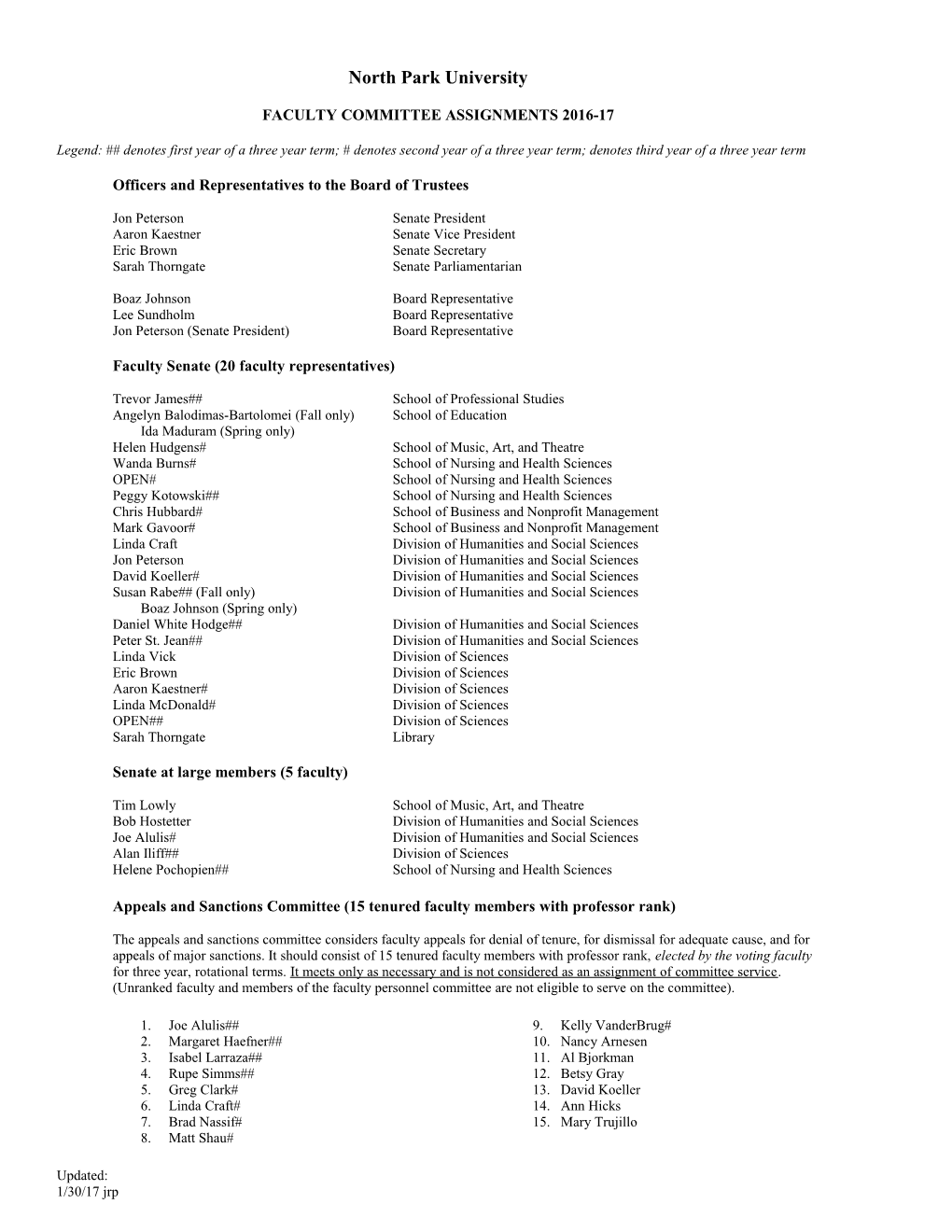 Committee Assignments for Faculty and Staff, 2012-13