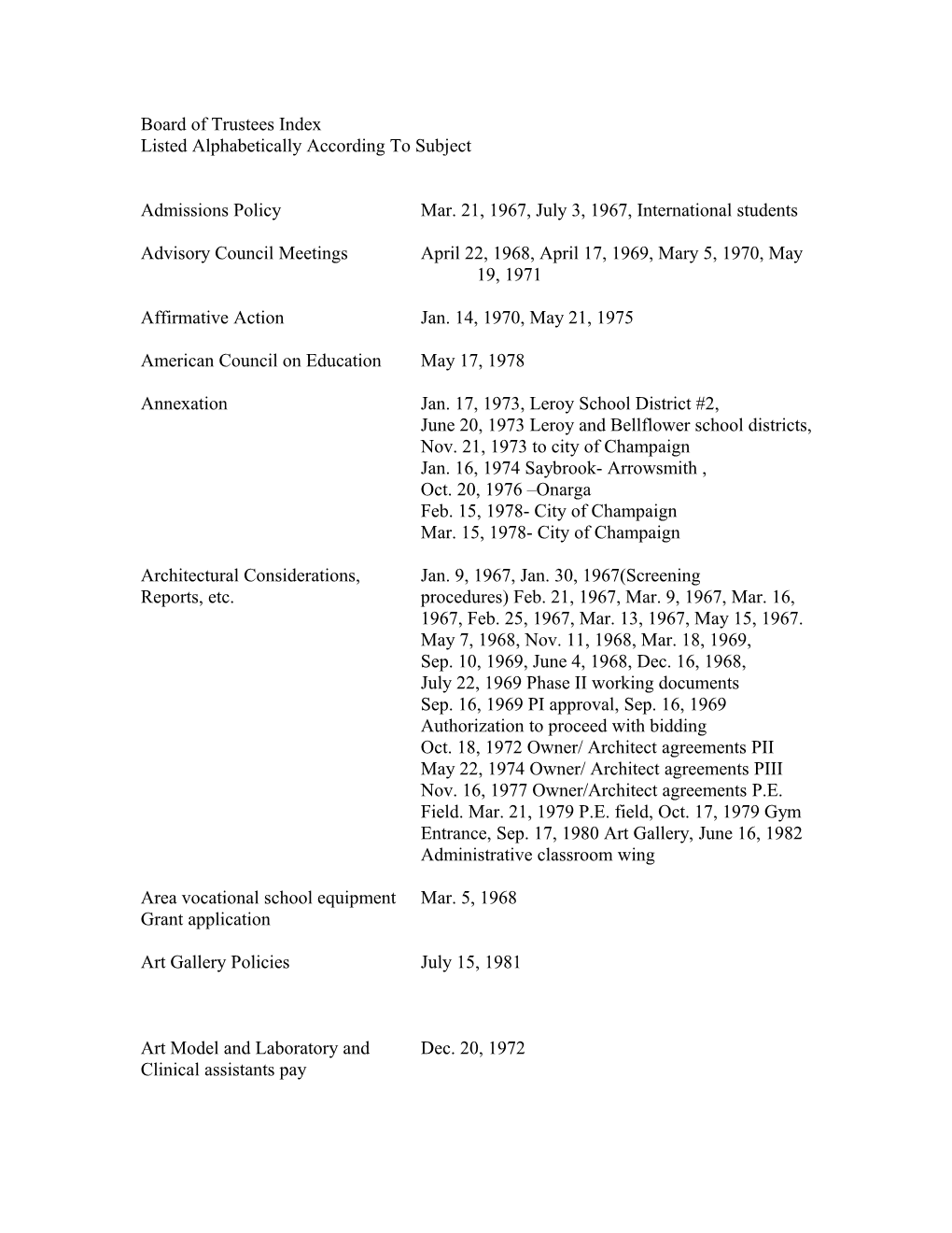 Board of Trustees Index