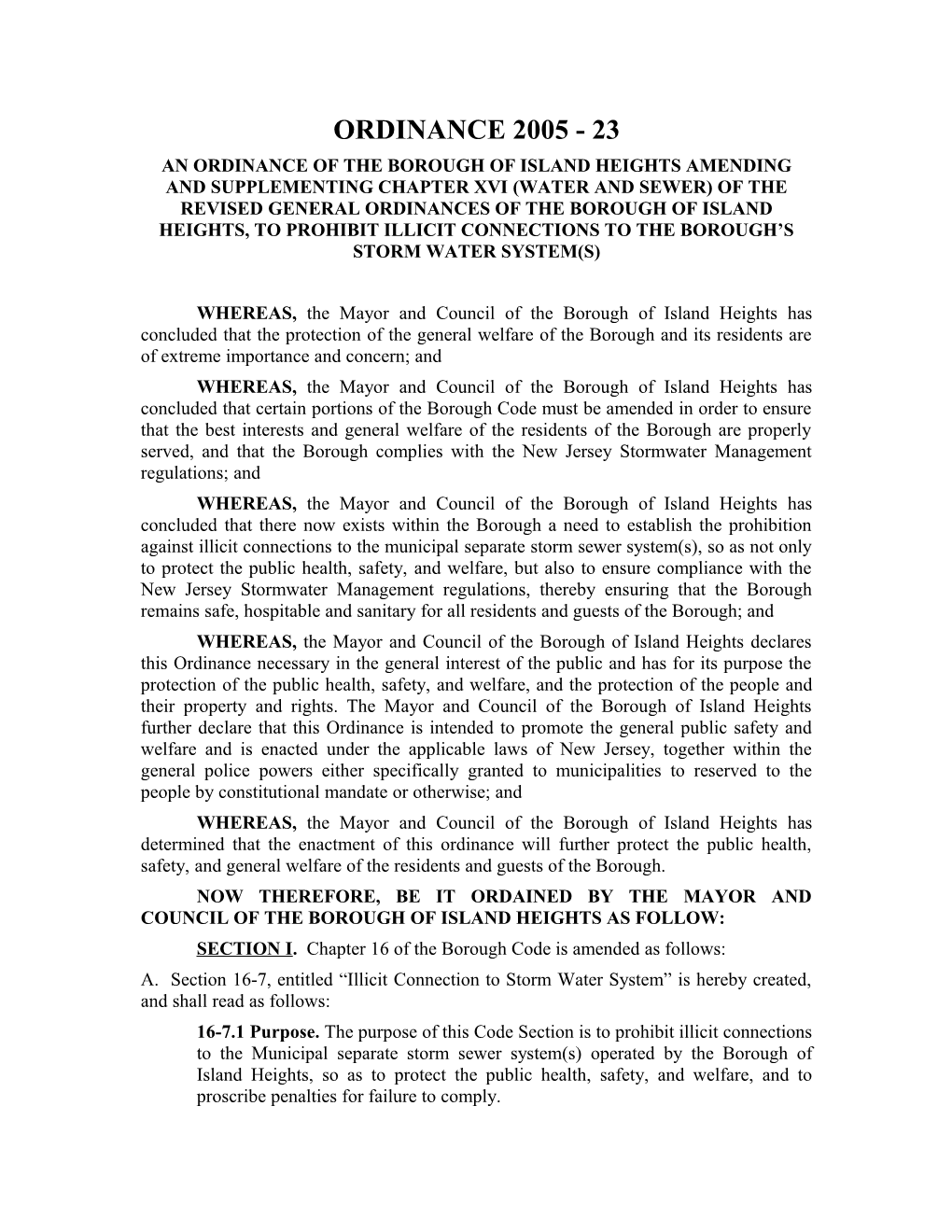 An Ordinance of the Borough of Island Heights Amending and Supplementing Chapter Xvi (Water