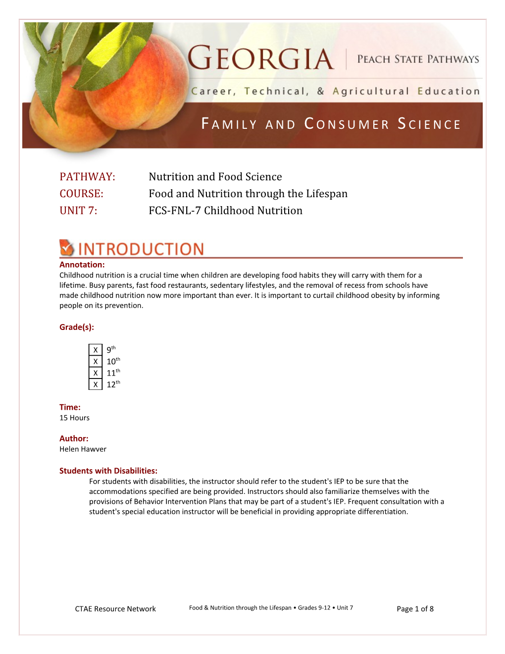 COURSE: Food and Nutrition Through the Lifespan