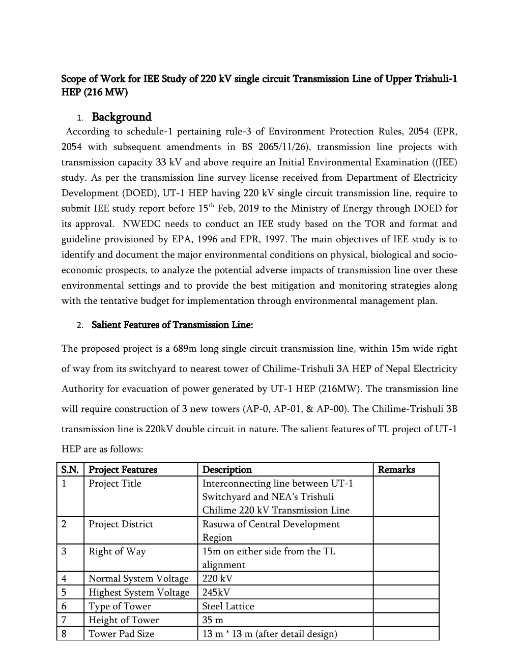 Scope of Work for IEE Study of 220 Kv Single Circuit Transmission Line of Upper Trishuli-1