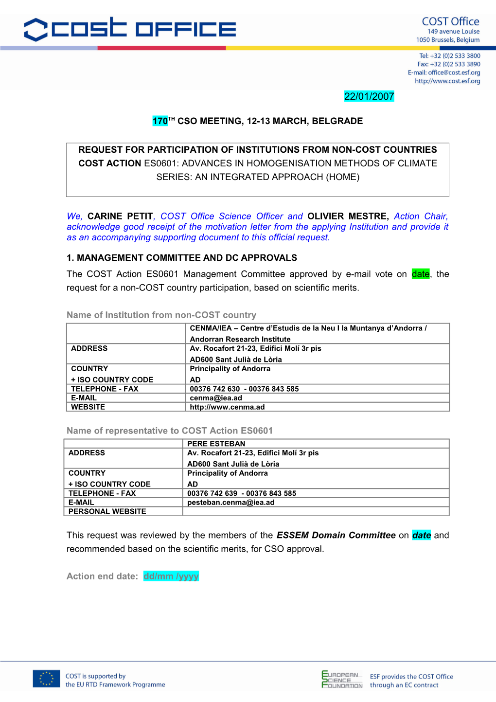 Request for Participation of Institutions from Non-COST Countries