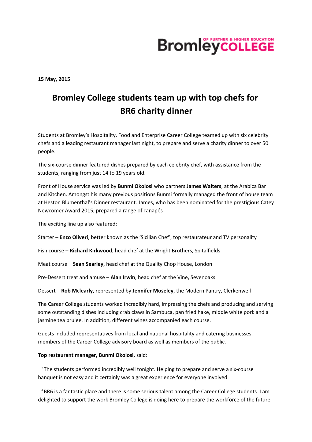 Bromley College Students Team up with Top Chefs For