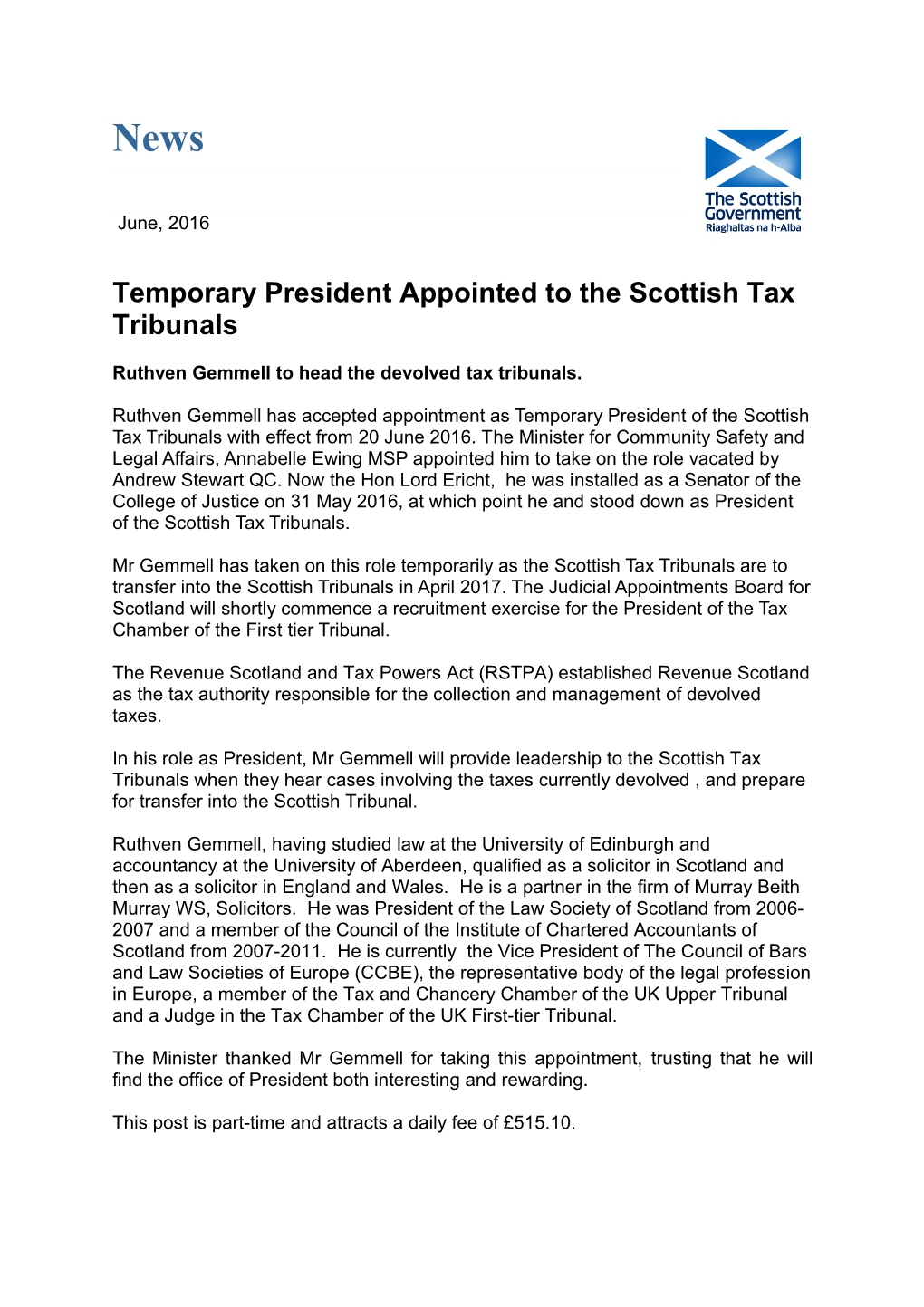 Temporary President Appointed to the Scottish Tax Tribunals
