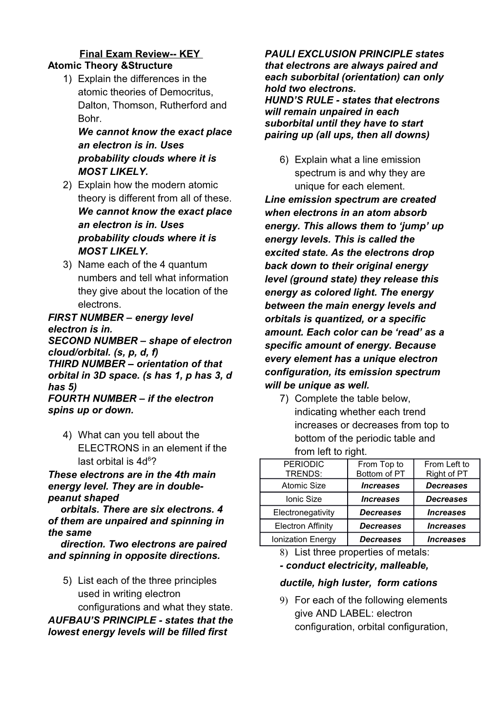 Final Exam Review KEY