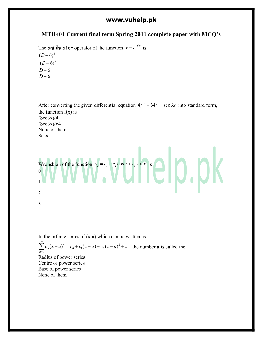 MTH401 Current Final Term Spring 2011 Complete Paper with MCQ S