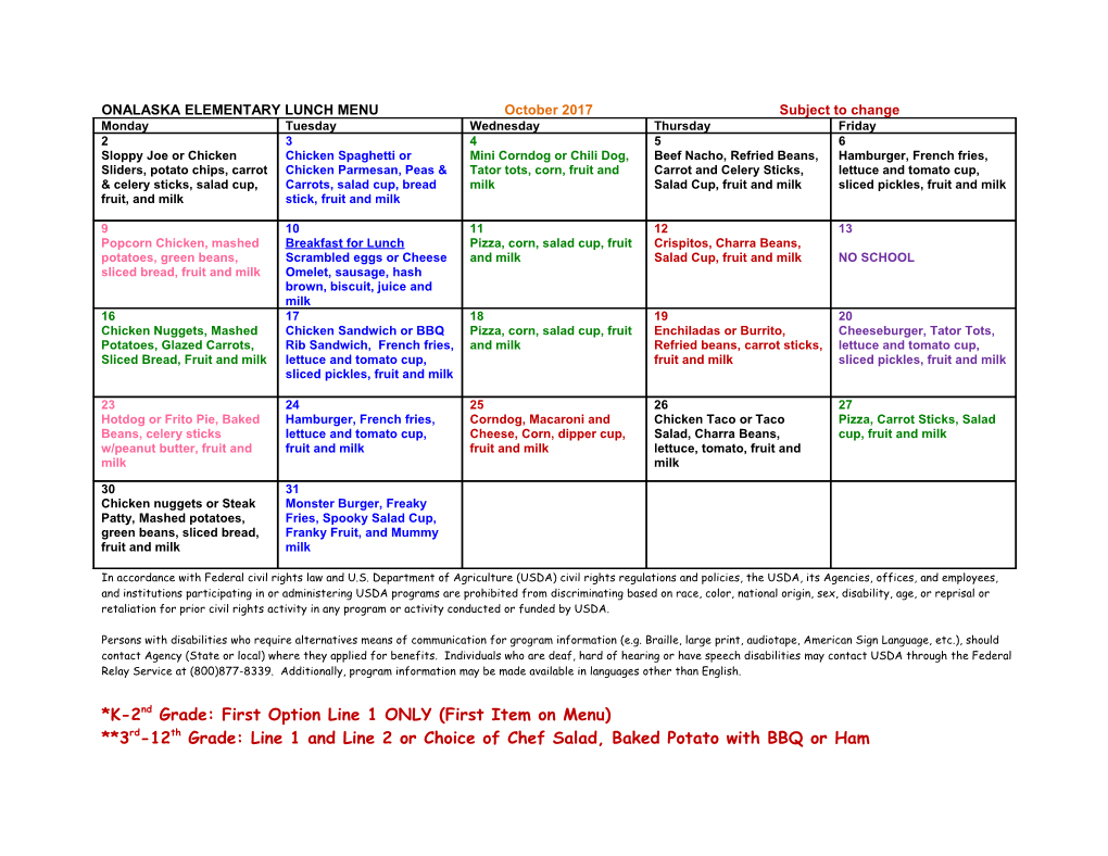 ONALASKA ELEMENTARY LUNCH MENU October 2017 Subject to Change