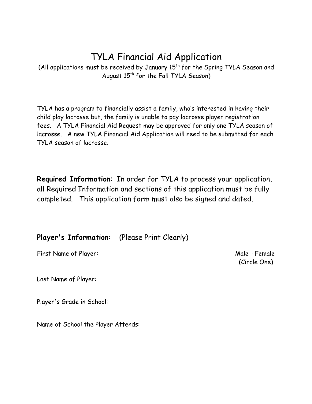 TYLA Financial Aid Application