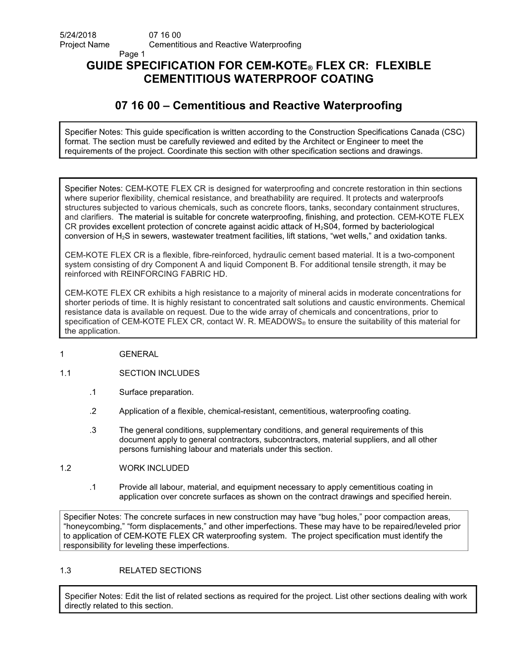 Guide Specification for Cem-Kote Flex Cr: Flexible Cementitious Waterproof Coating