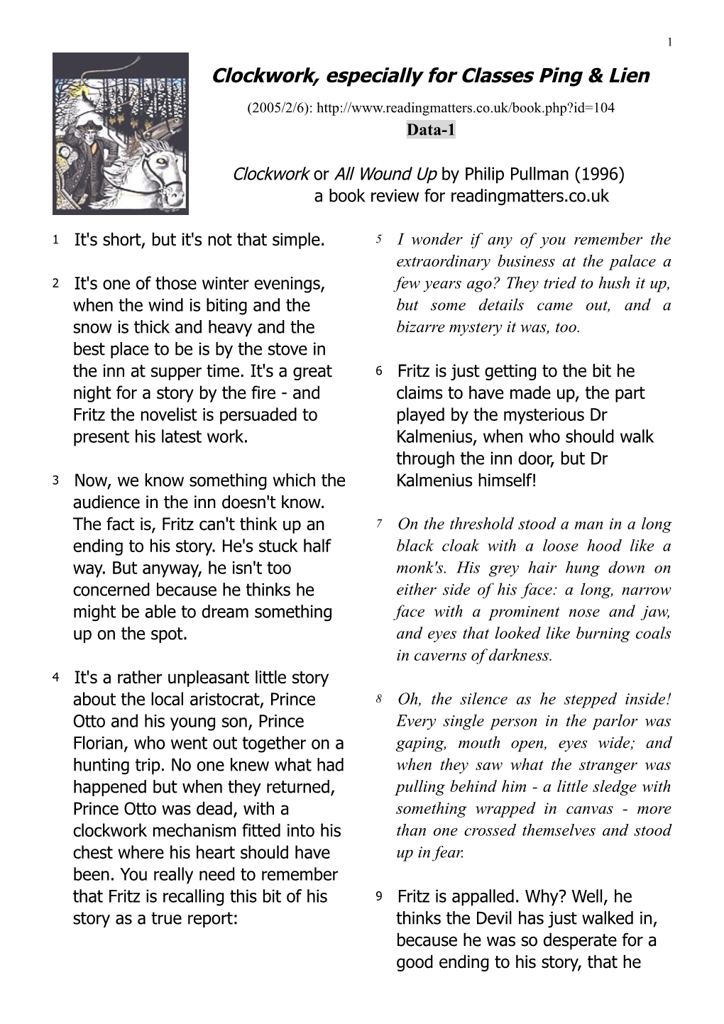 Clockwork Or All Wound up by Philip Pullman (1996) a Book Review for Readingmatters.Co.Uk