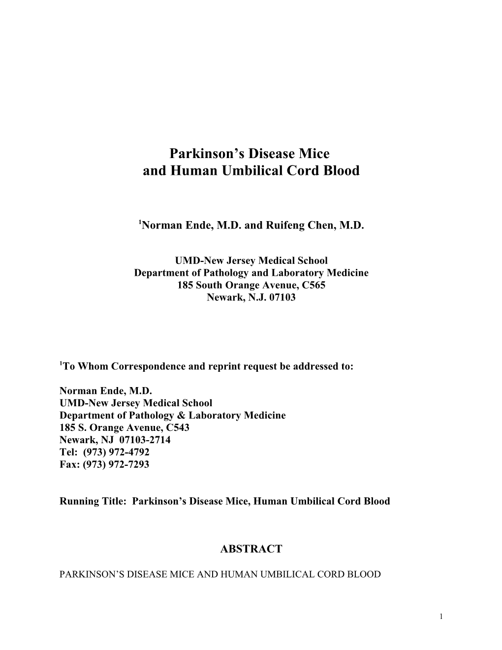 Parkinson Disease Mice and Human Cord Blood