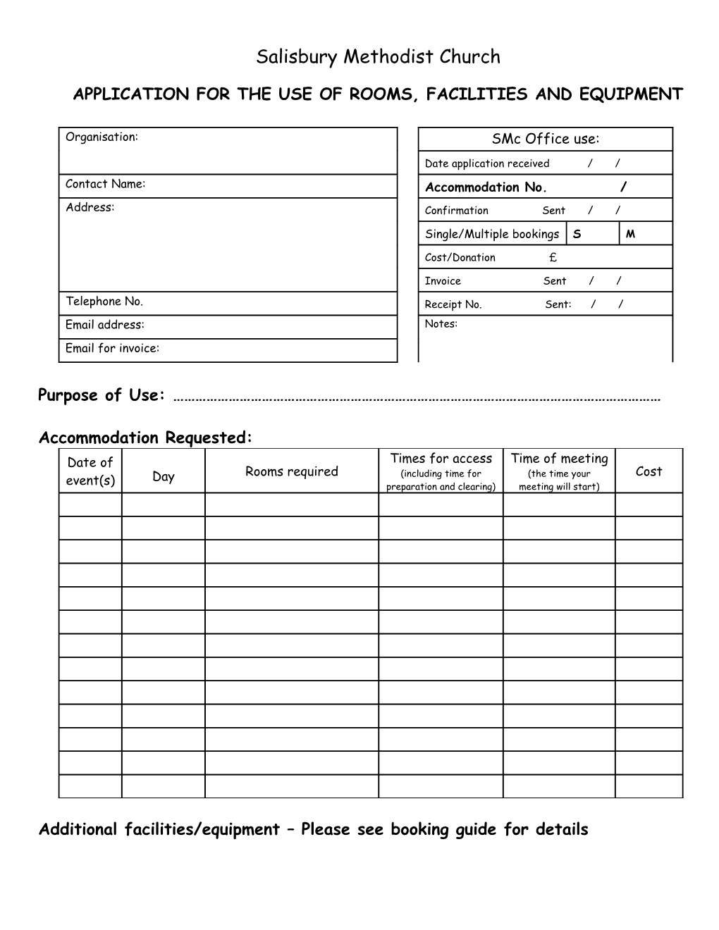 Application for the Use of Rooms, Facilities and Equipment