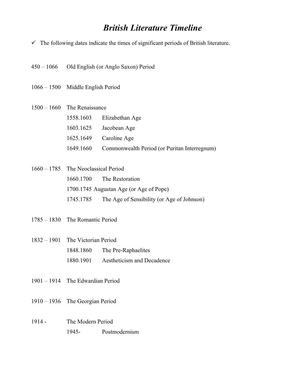 British Literature Timeline