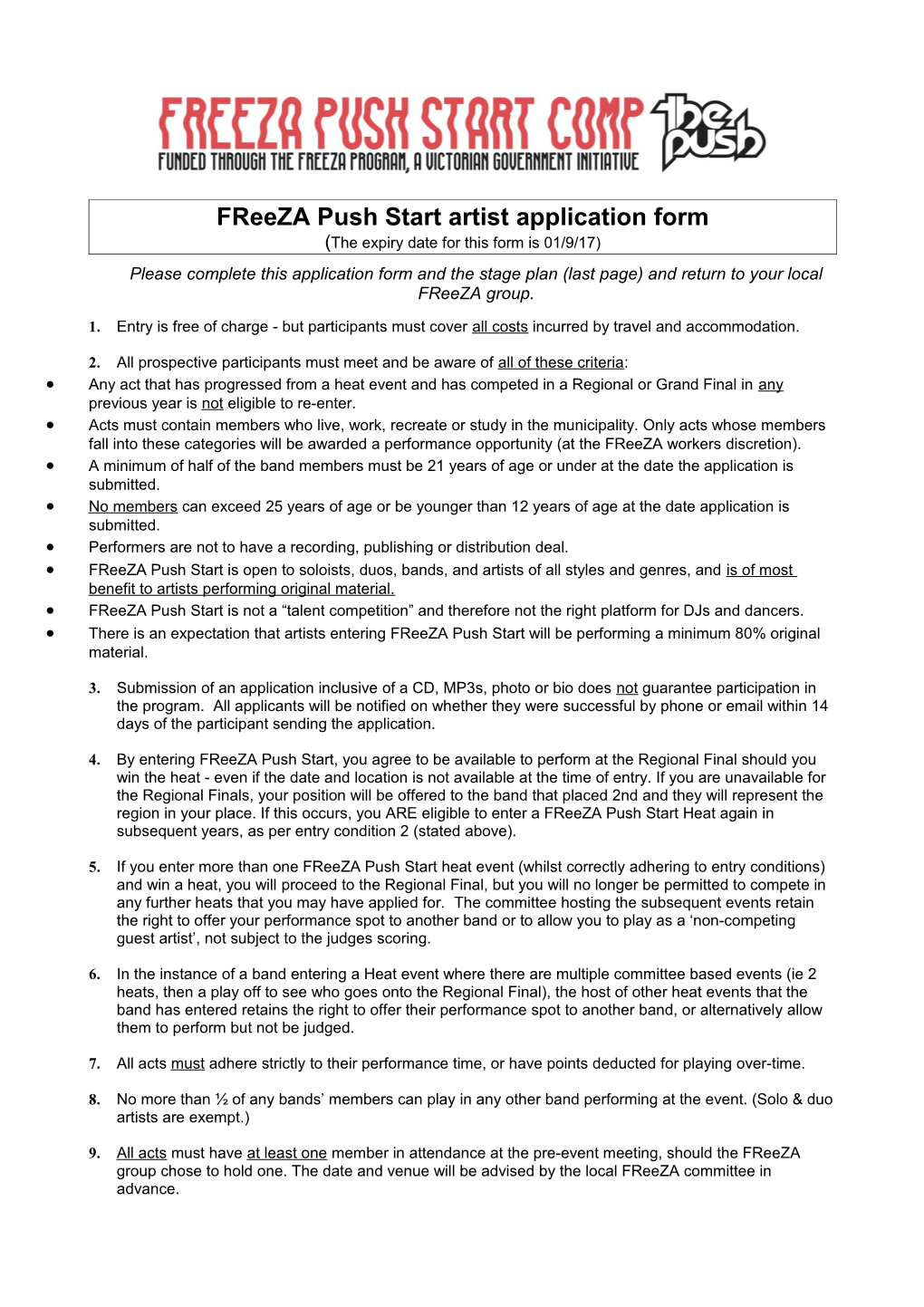 Freeza Push Start Artist Application F Orm (The Expiry Date for This Form Is 01/9/17)