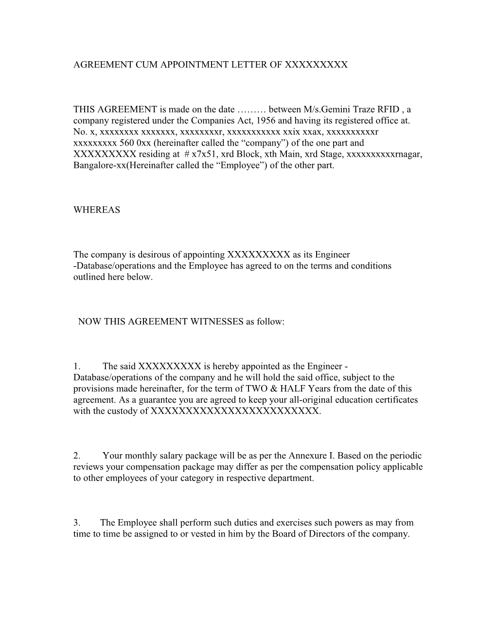 Agreement Cum Appointment Letter of Xxxxxxxxx
