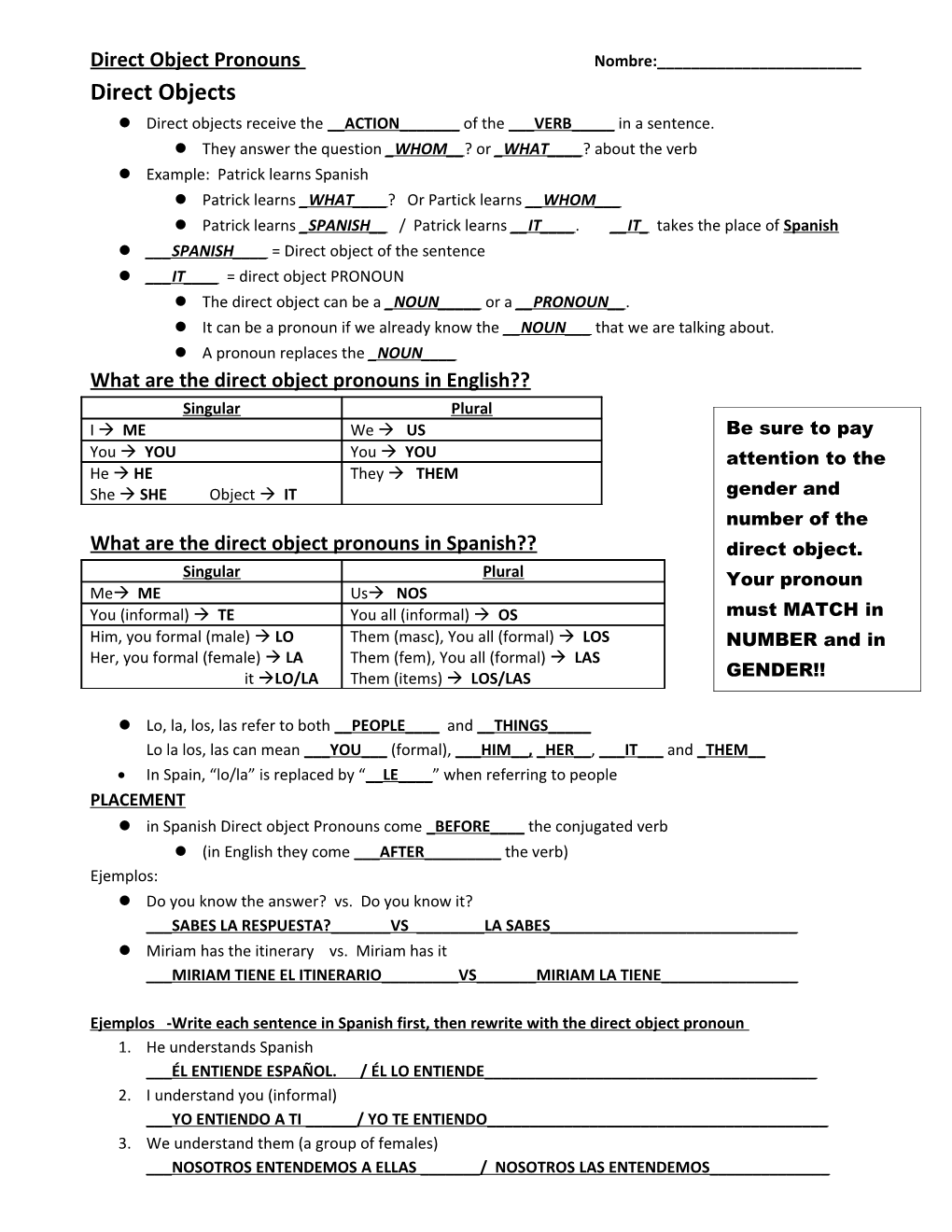 Direct Object Pronouns And The Personal A