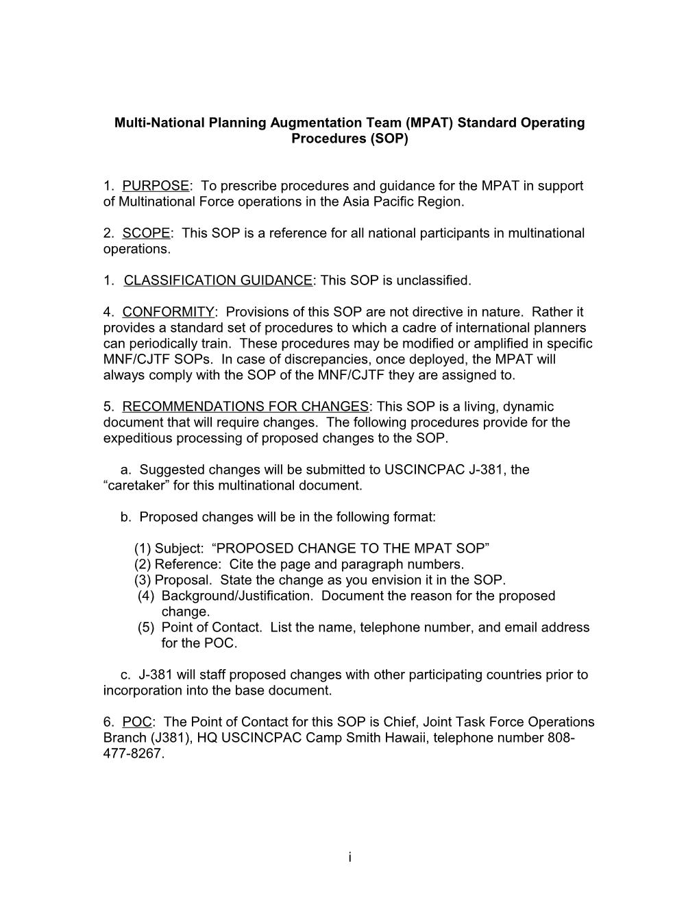 Multi-National Planning Augmentation Team (MPAT) Standard Operating Procedures (SOP)