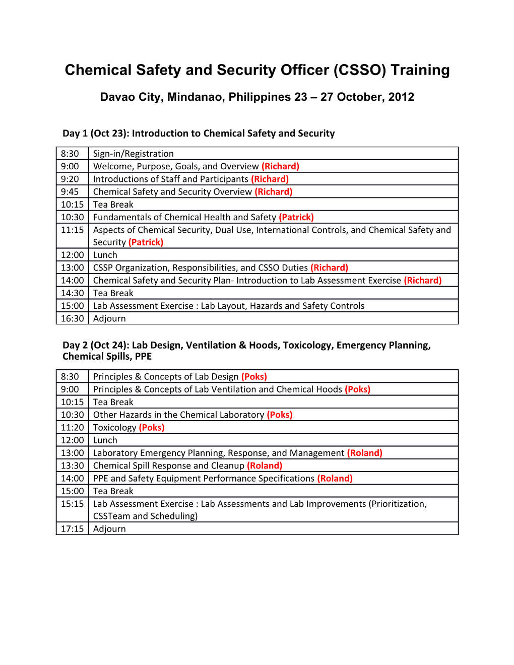 Chemical Safety and Security Officer (CSSO) Training