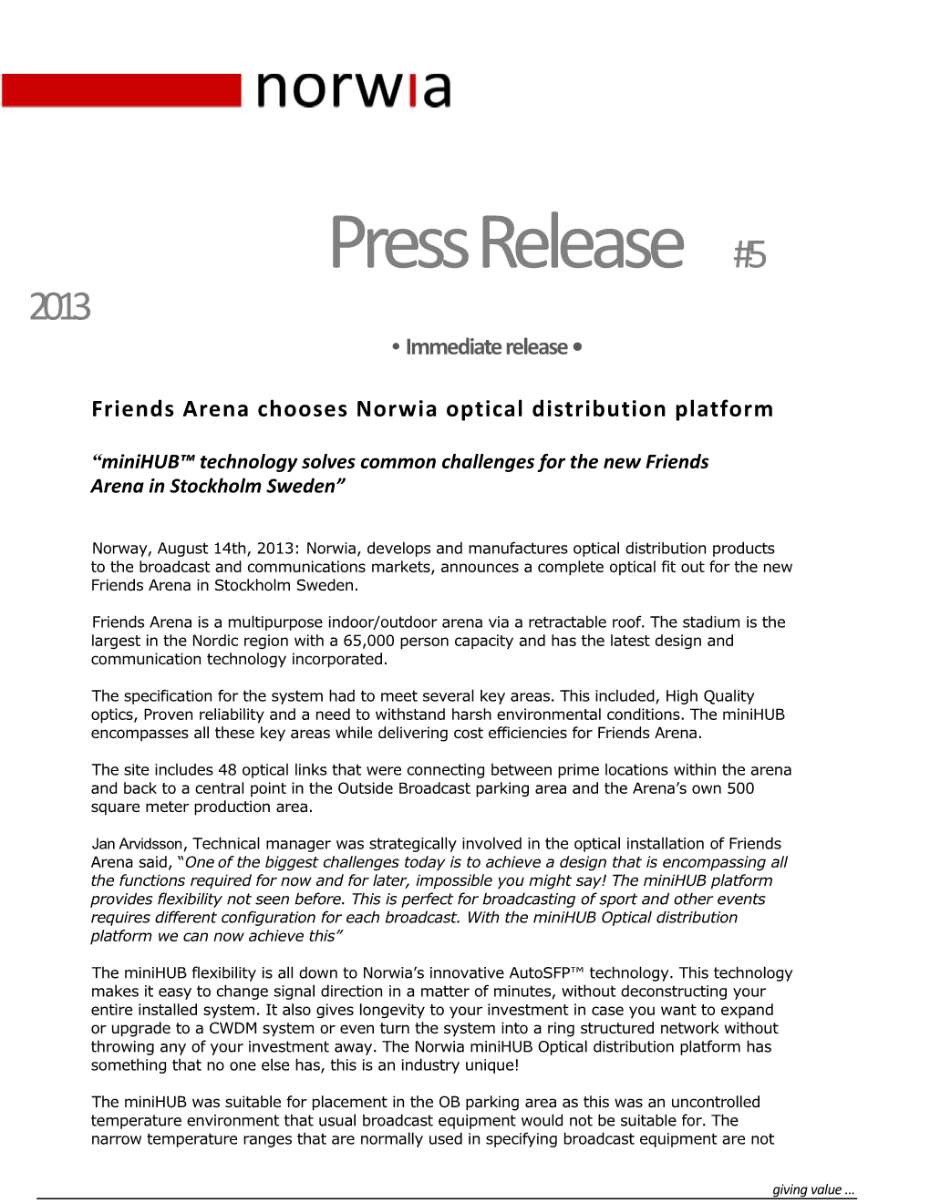 Friends Arena Chooses Norwia Optical Distribution Platform