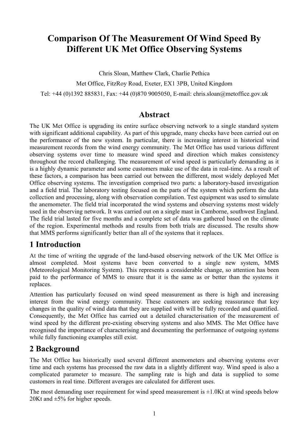 Comparison of the Measurement of Wind Speed by Different UK Met Office Observing Systems