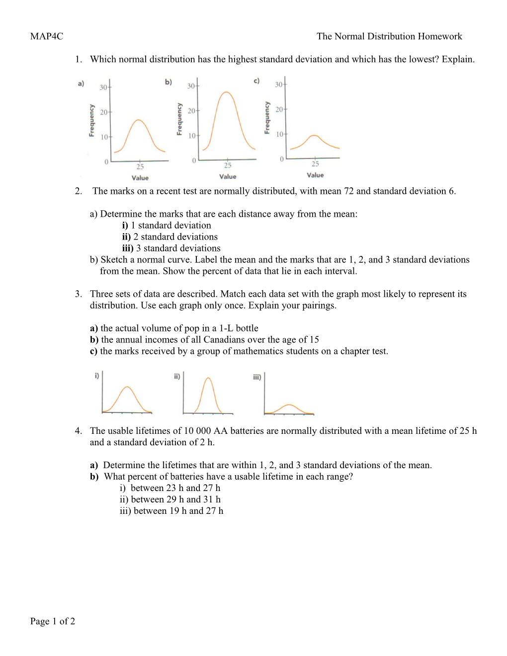 MAP4C the Normal Distribution Homework