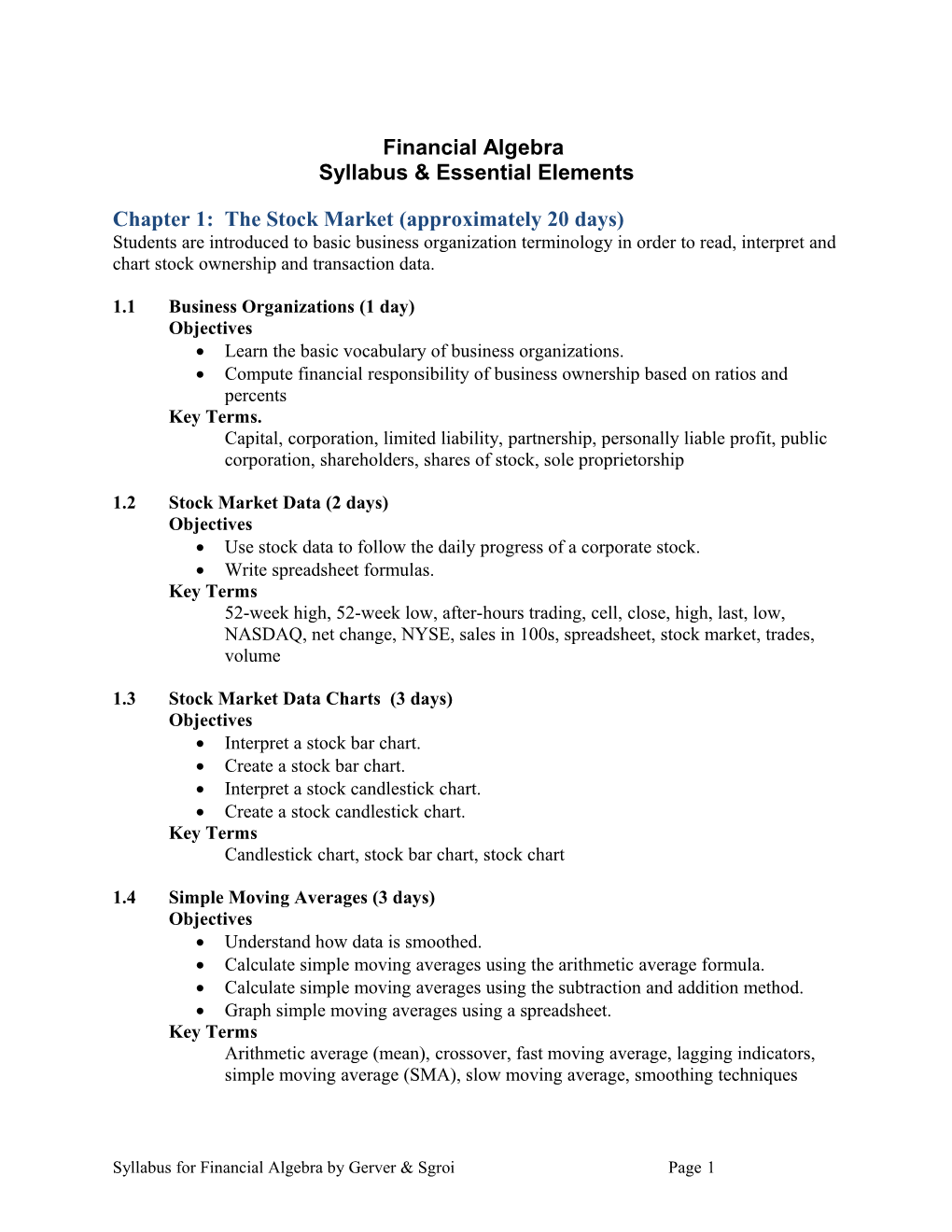 Financial Algebra Chapter Objective Overviews