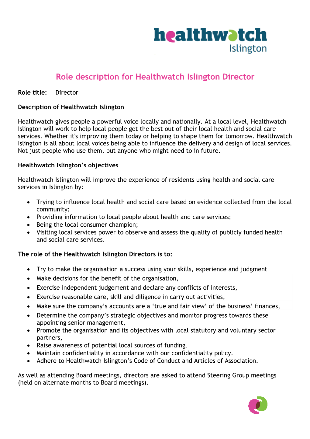 Role Description for Healthwatch Islington Director