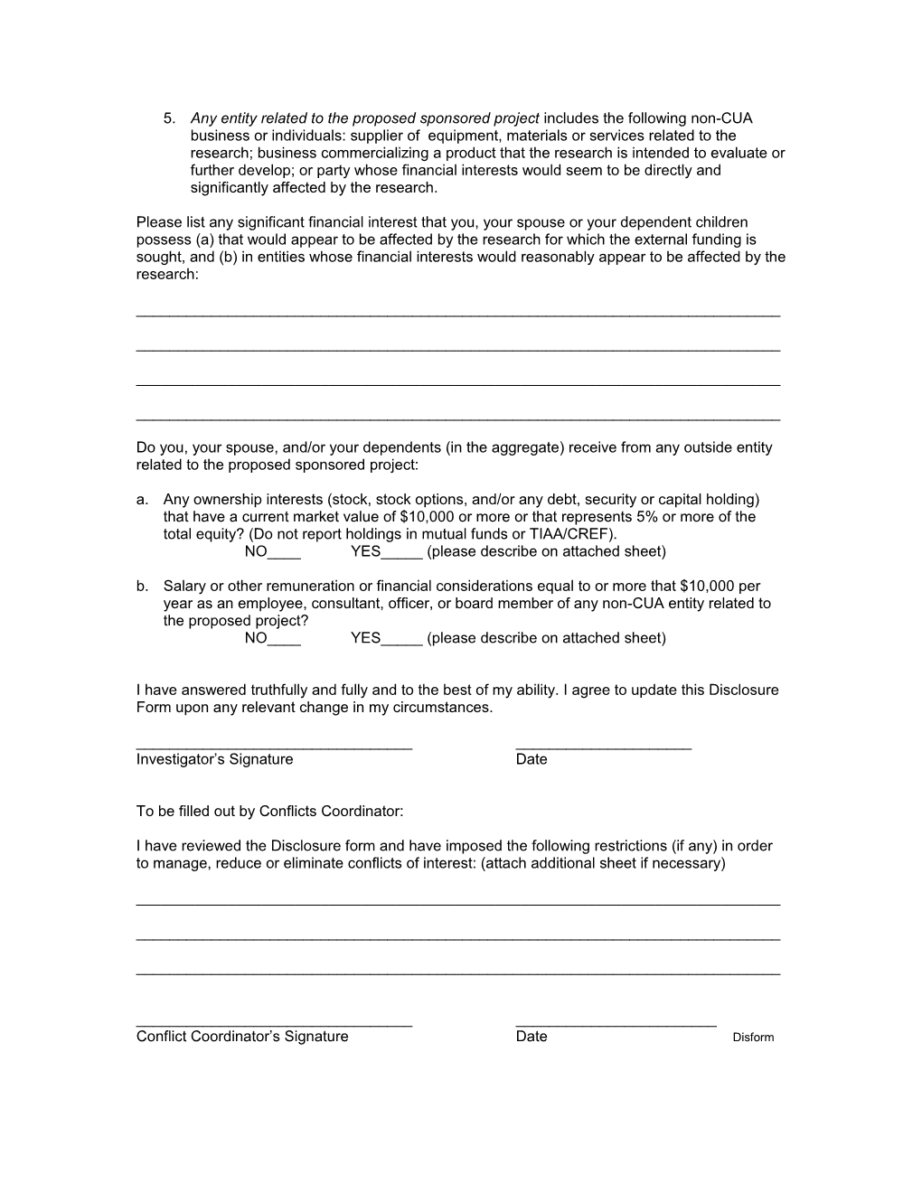 Disclosure Form to Impliment the Cua Policy on Conflict of Interest