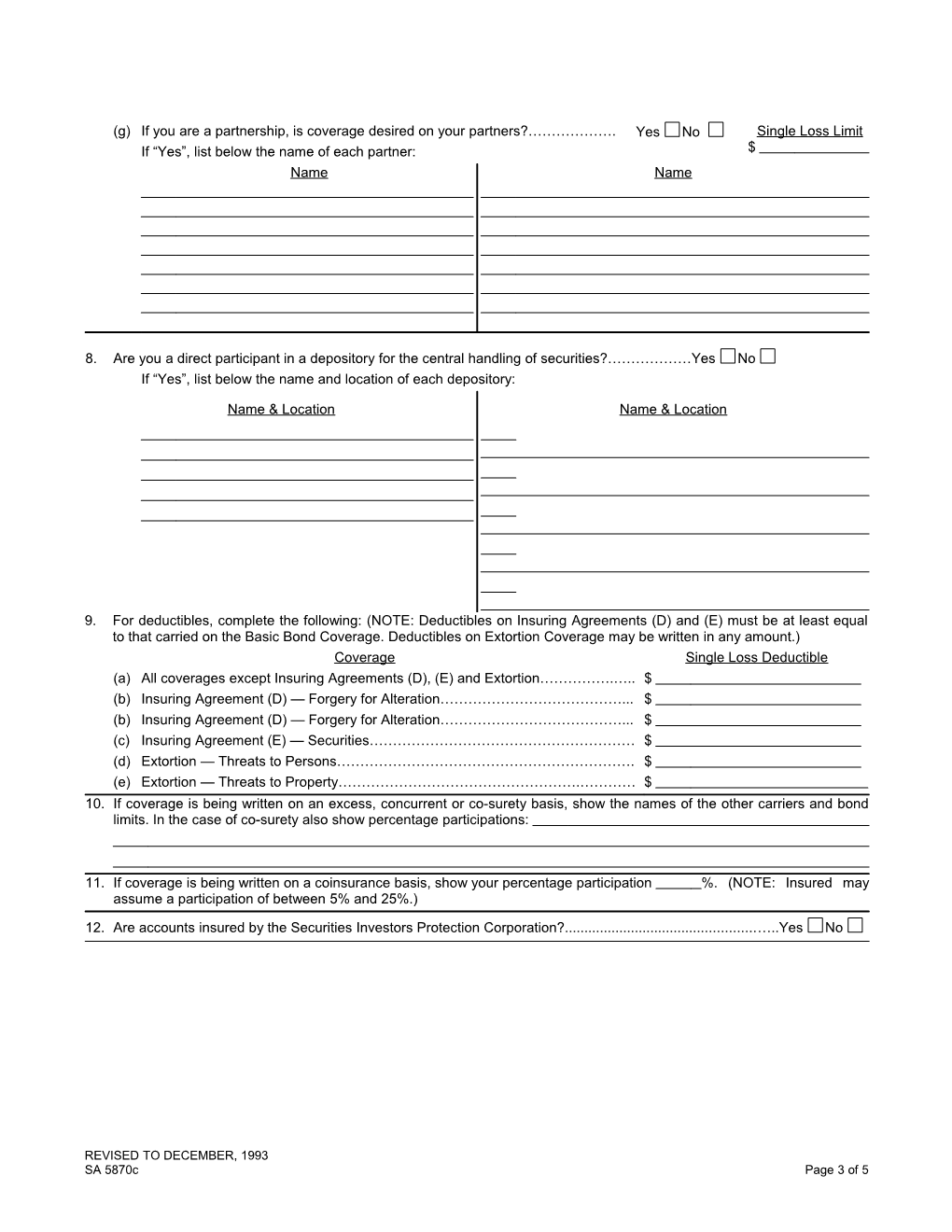Application for a Financial Institution Bond, Standard Form No. 14 for Broker/Dealers