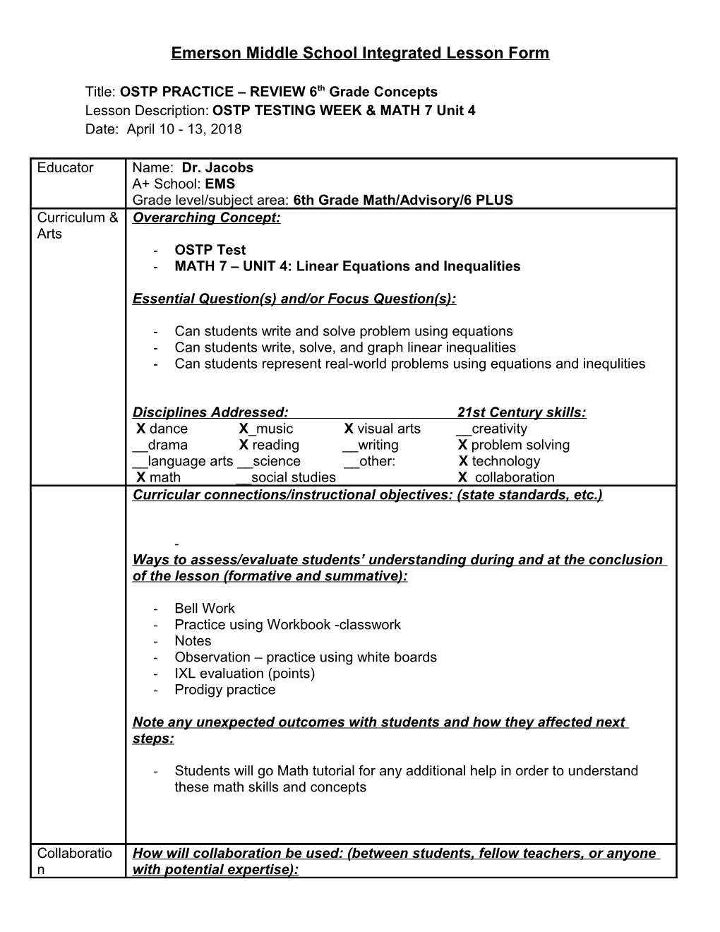 Emerson Middle School Integrated Lesson Form