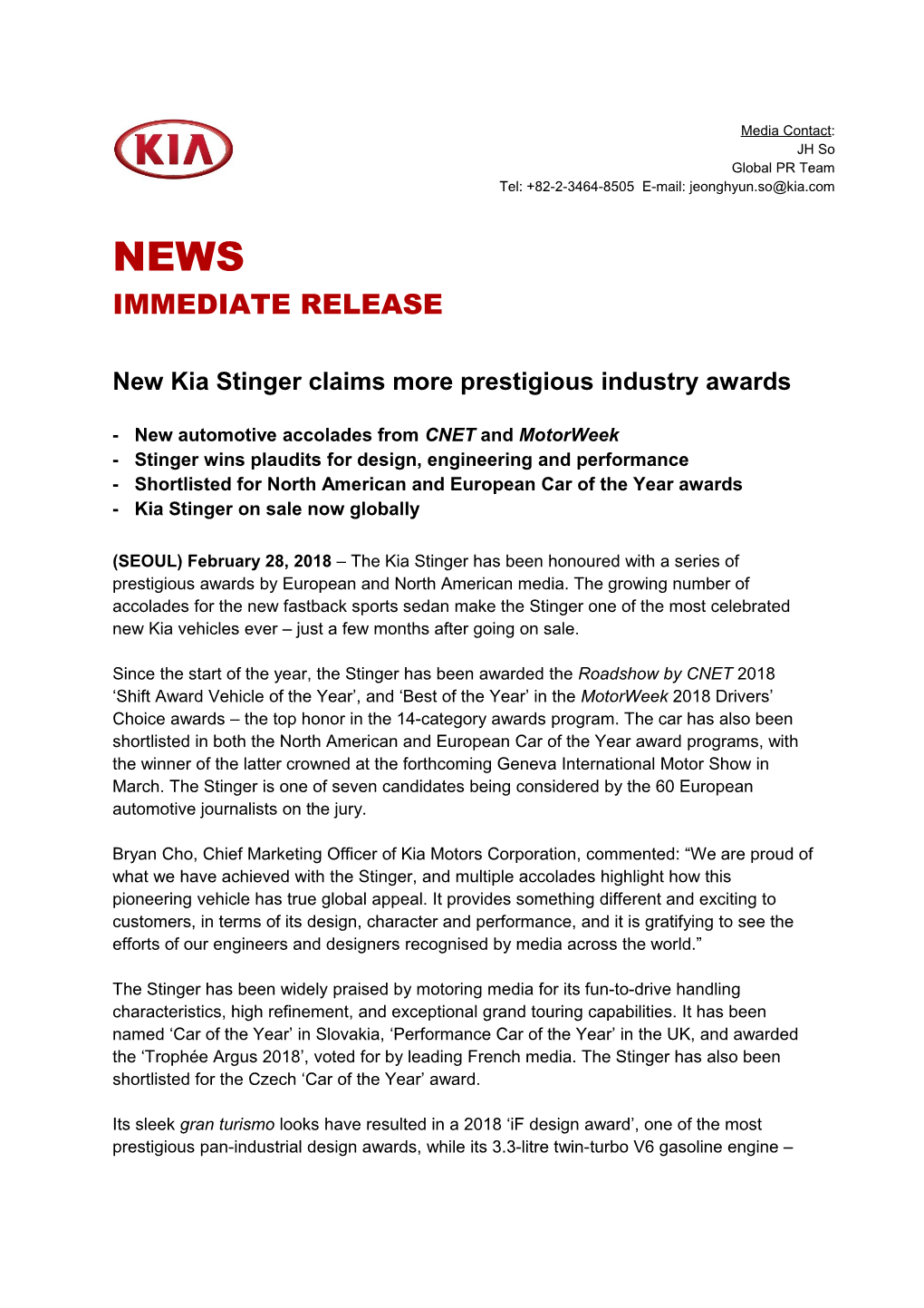 New Kia Stinger Claims More Prestigious Industry Awards