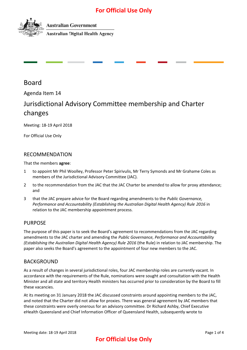 Jurisdictional Advisory Committee Membership and Charter Changes