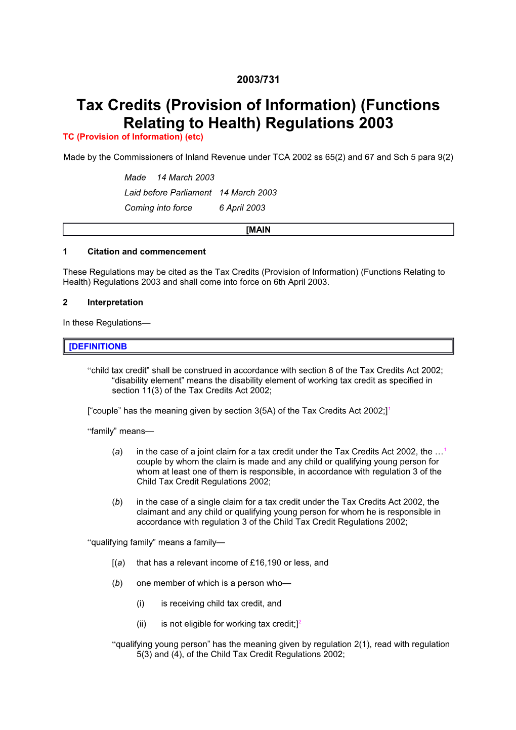 Tax Credits (Provision of Information) (Functions Relating to Health) Regulations 2003