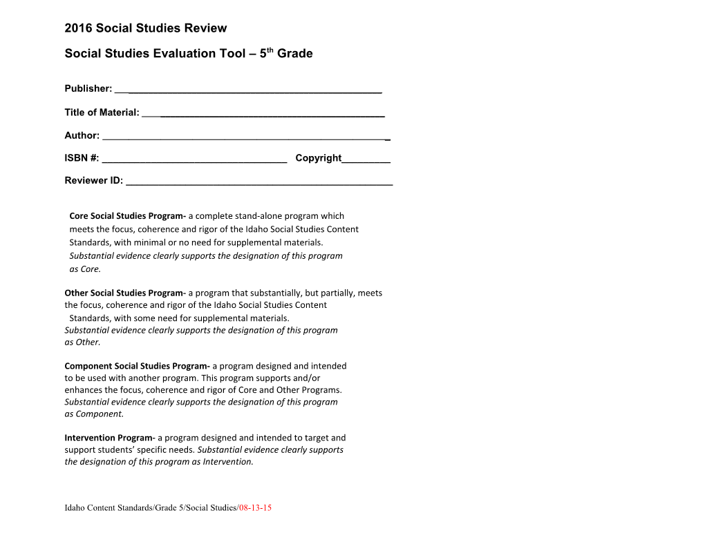 Social Studies Evaluation Tool 5Th Grade