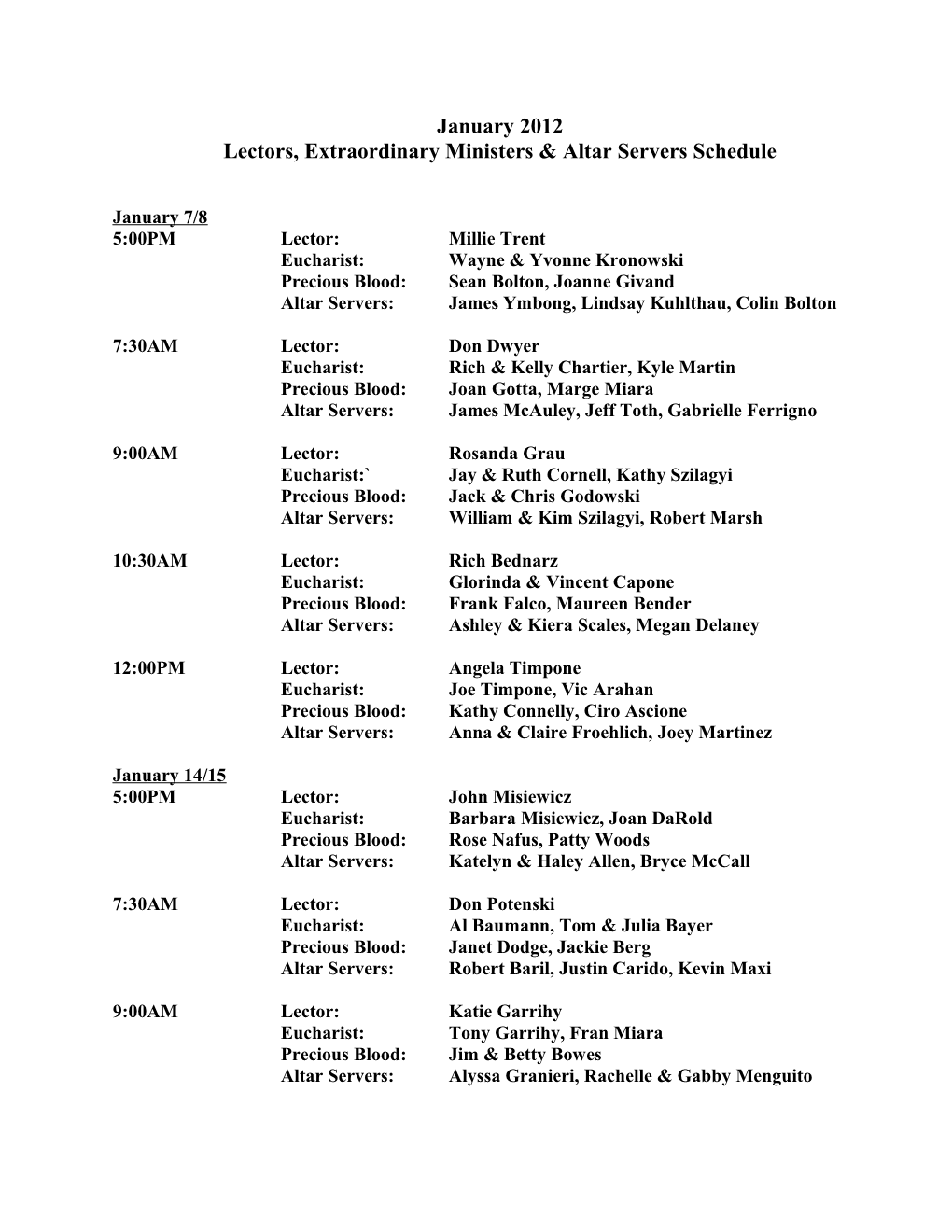 Lectors, Extraordinary Ministers & Altar Servers Schedule