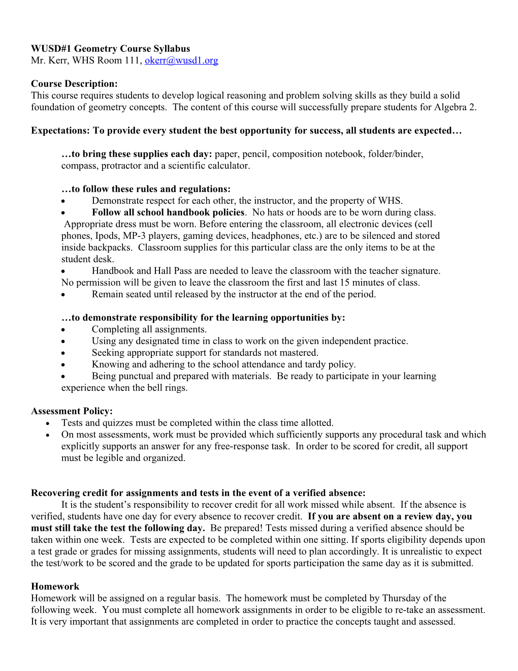 WUSD#1 Geometry Course Syllabus