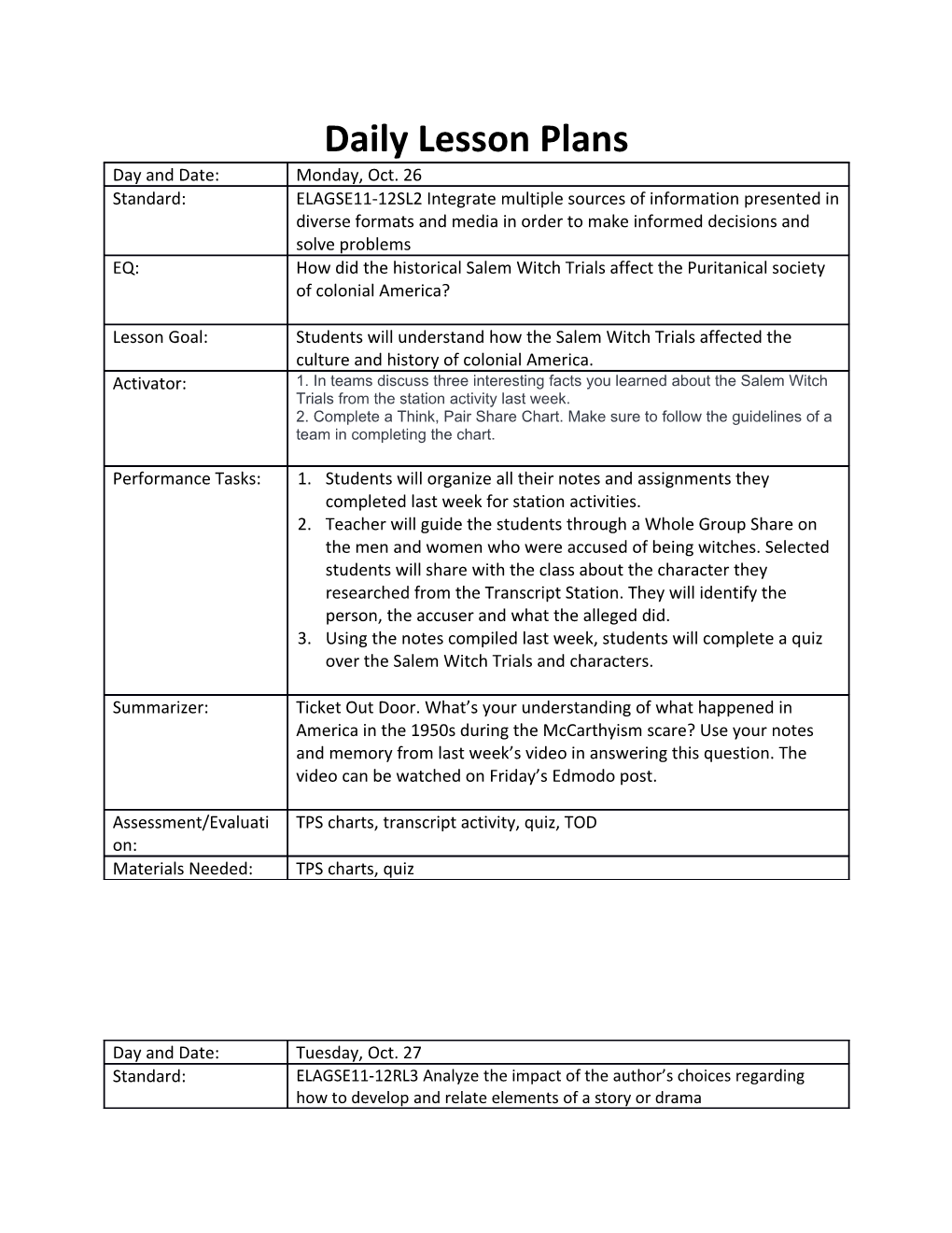 Daily Lesson Plans