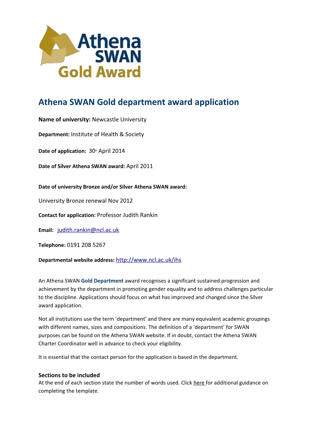 Athena SWAN Gold Department Award Application