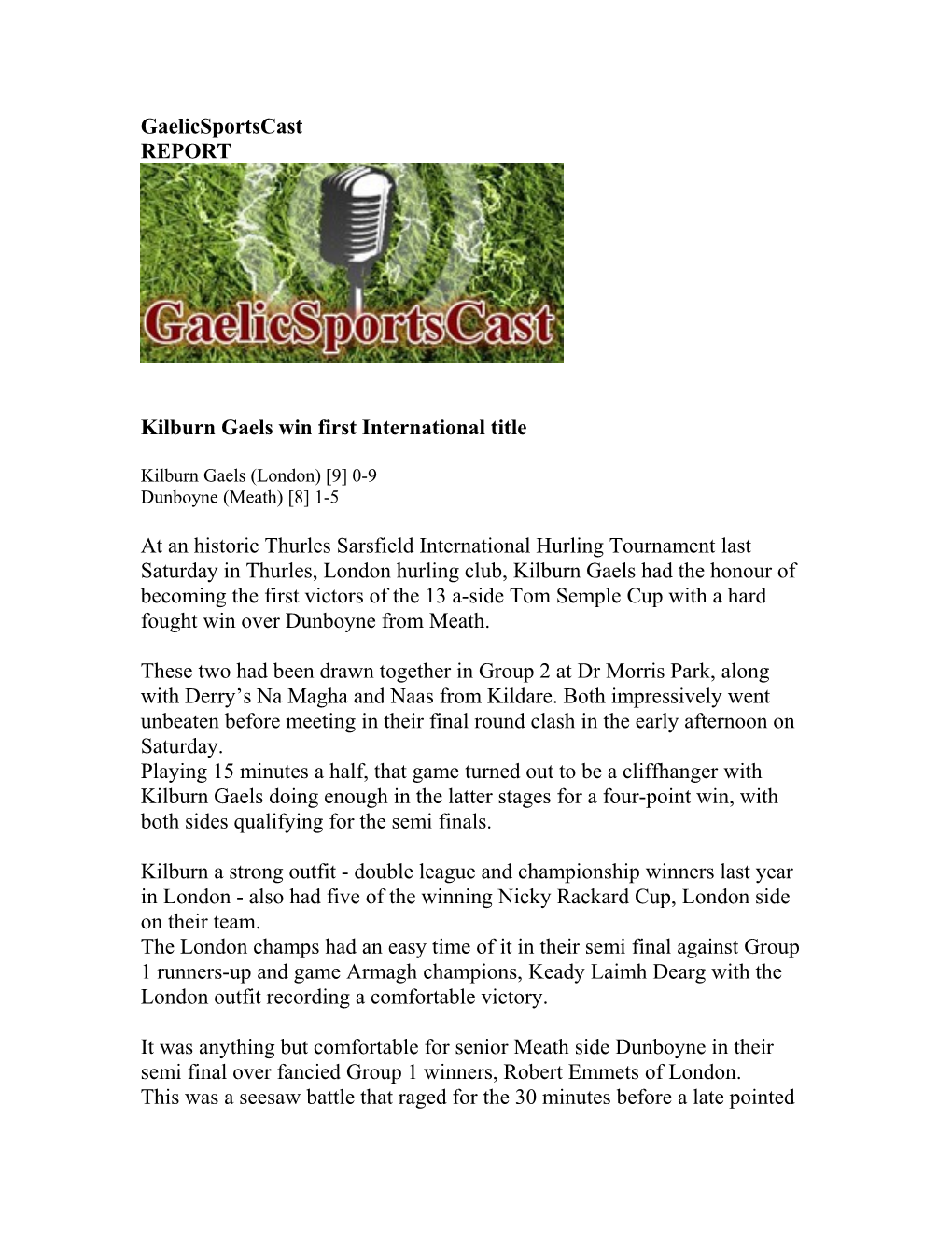 Kilburn Gaels Win First International Title