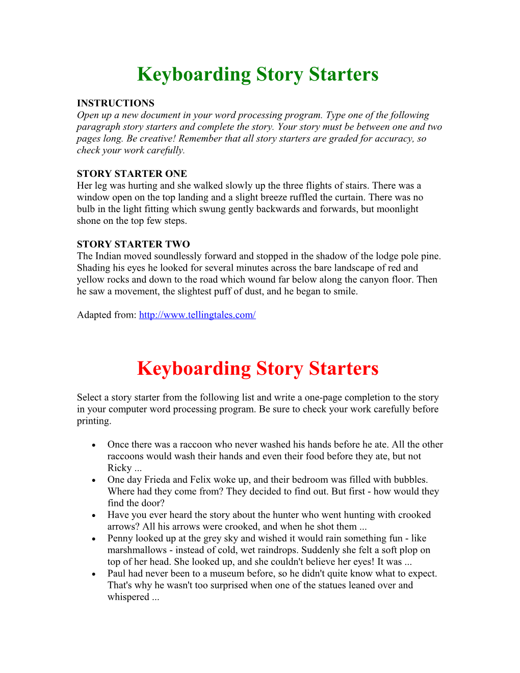 Keyboarding Story Starters #2