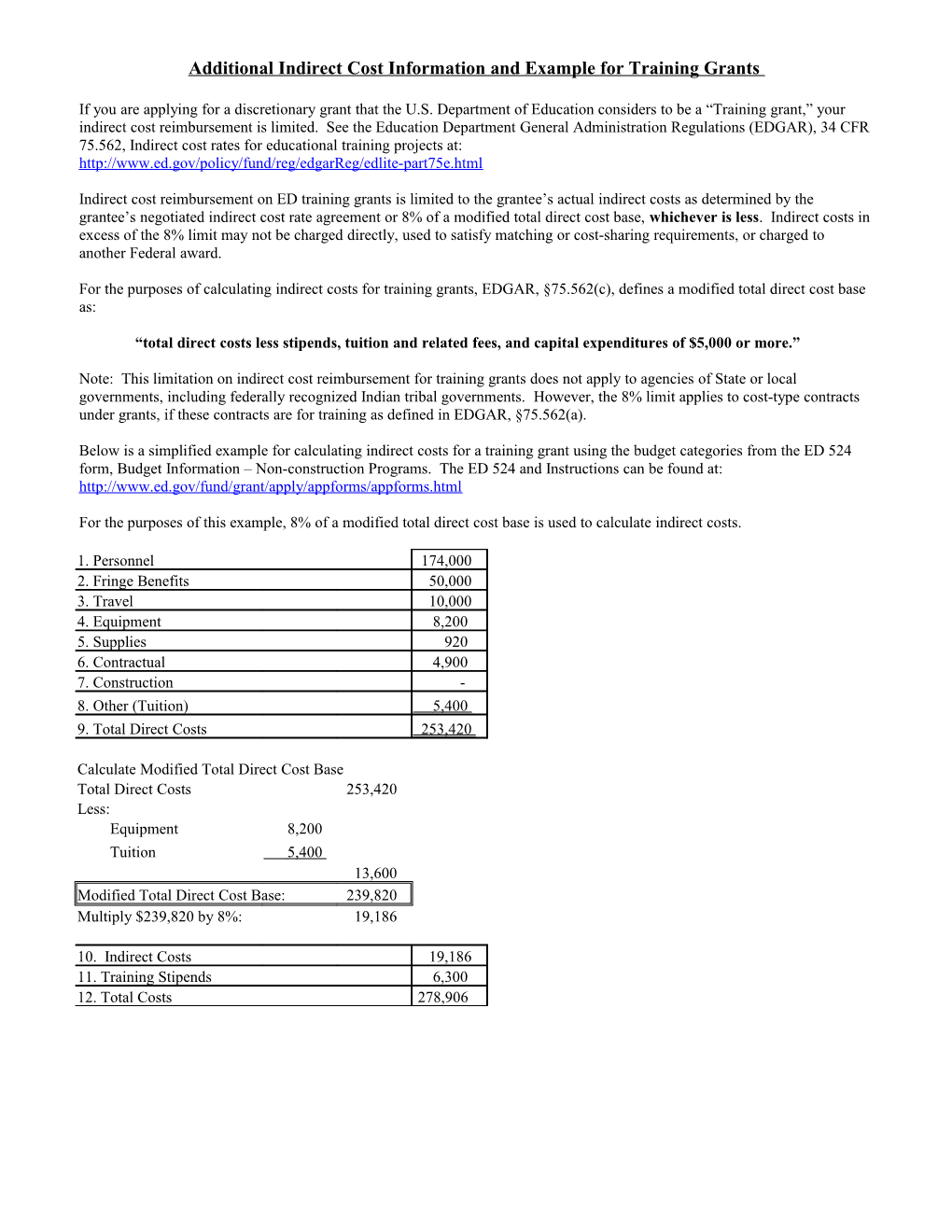 Training Grants Indirect Cost Info and Example for ED Form 524 (MS Word)