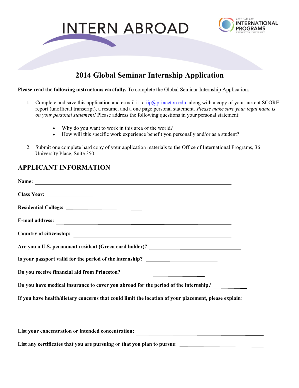 2014 Global Seminar Internship Application